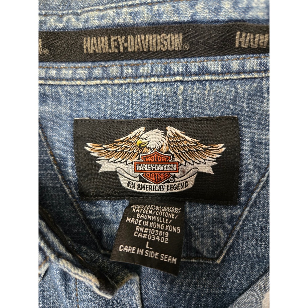 Harley-Davidson Mens Blue Denim Long Sleeve Button Down Shirt Large Moto Riding - Picture 8 of 11